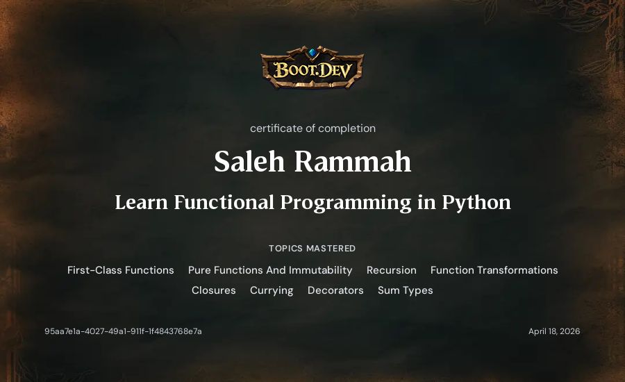 Saleh Rammah's Boot.dev Learn Functional Programming in Python certificate