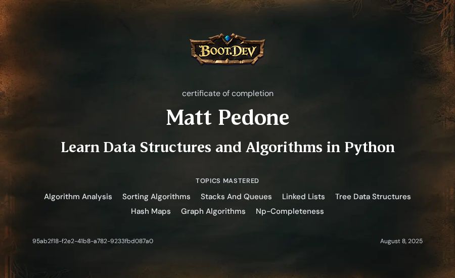 Matt Pedone's Boot.dev Learn Data Structures and Algorithms in Python certificate