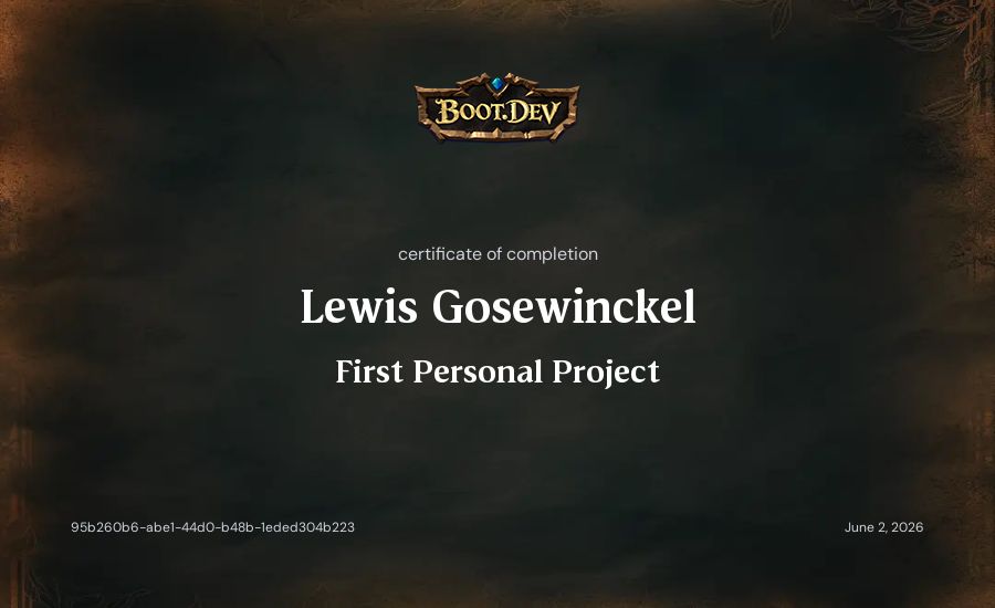 Lewis Gosewinckel's Boot.dev First Personal Project certificate