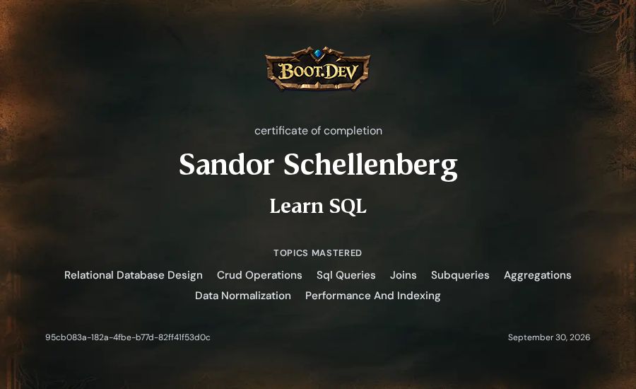 Sandor Schellenberg's Boot.dev Learn SQL certificate