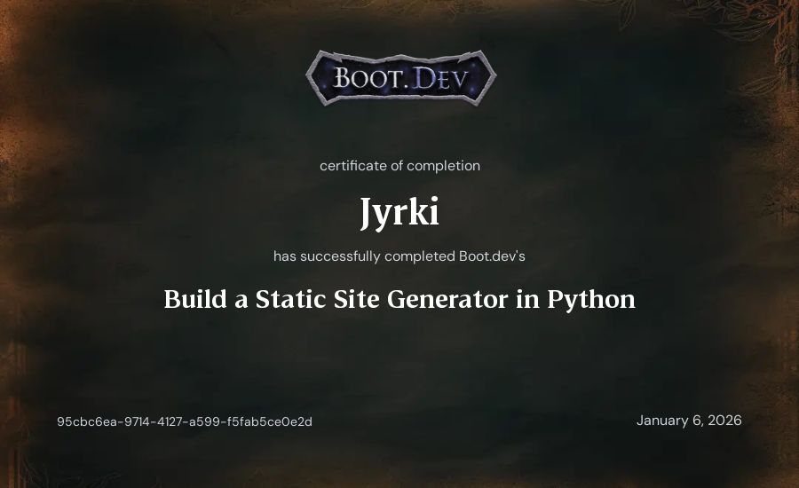 Jyrki's Boot.dev Build a Static Site Generator in Python certificate