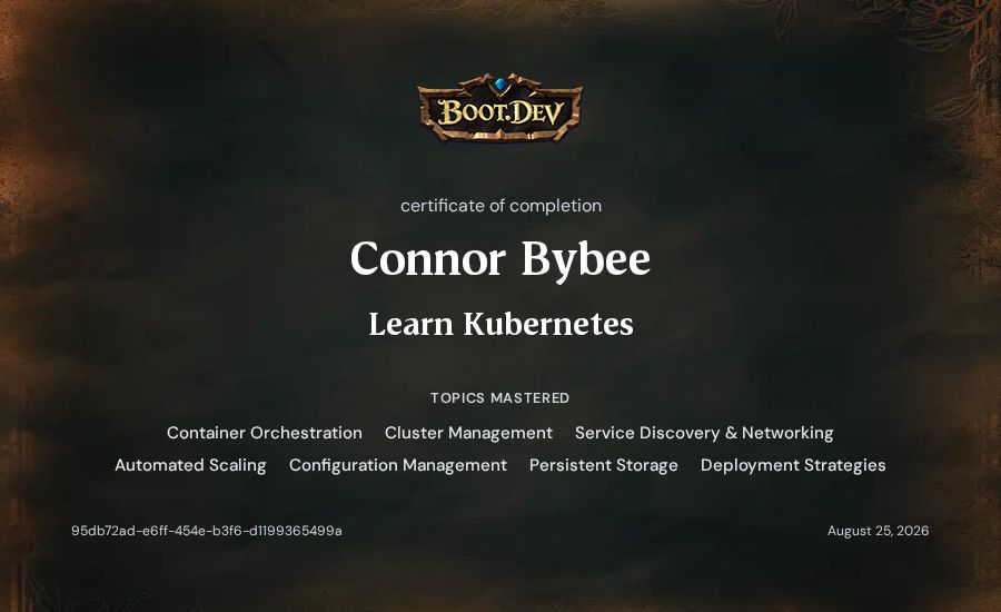 Connor Bybee's Boot.dev Learn Kubernetes certificate
