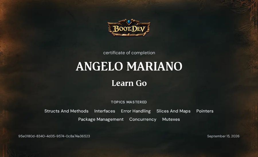 ANGELO MARIANO's Boot.dev Learn Go certificate