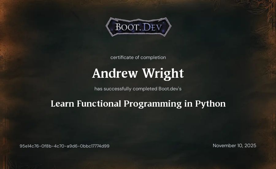 Andrew Wright's Boot.dev Learn Functional Programming in Python certificate