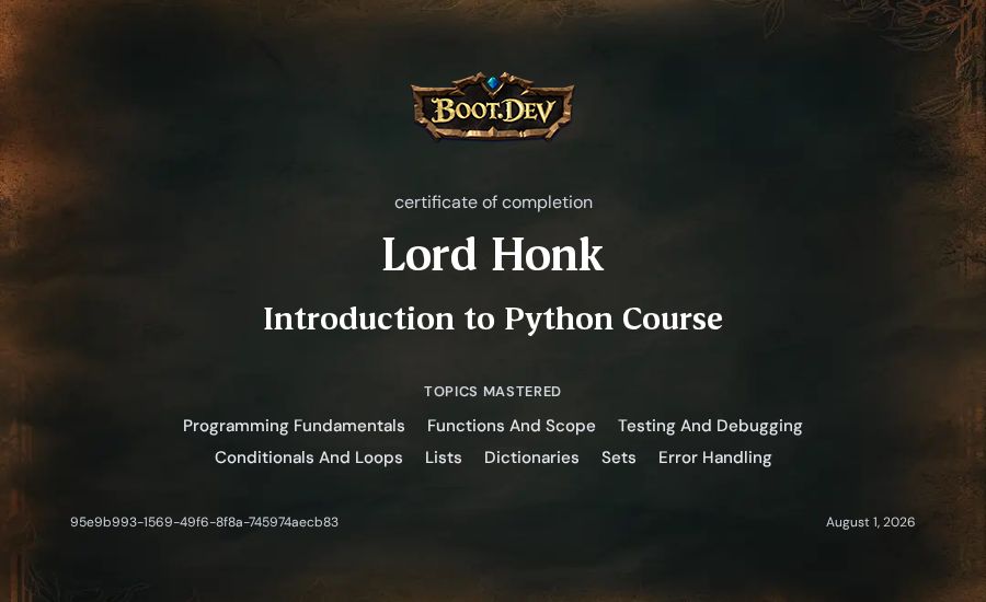 Lord Honk's Boot.dev Introduction to Python Course certificate