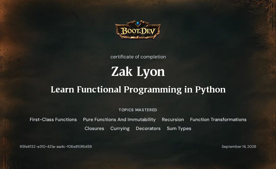 Zak Lyon's Boot.dev Learn Functional Programming in Python certificate