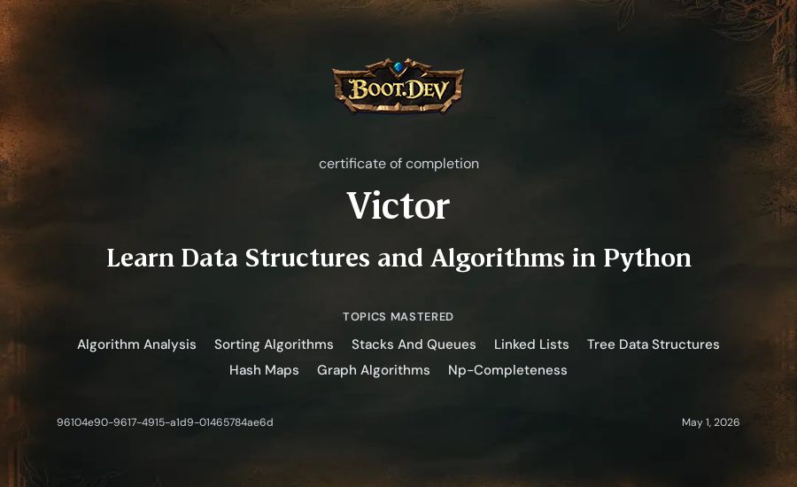 Victor's Boot.dev Learn Data Structures and Algorithms in Python certificate