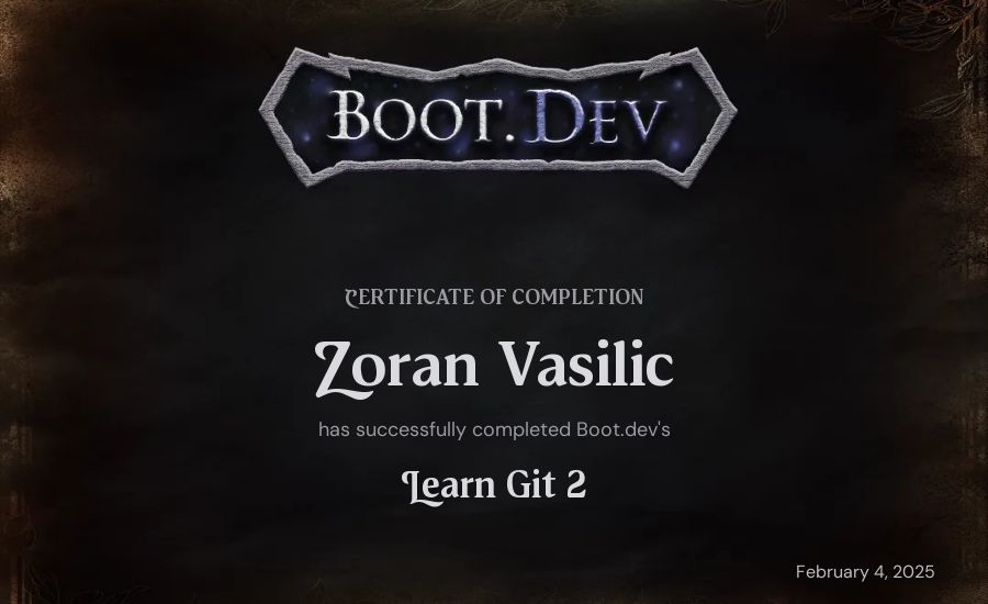 Zoran Vasilic's Boot.dev Learn Git 2 certificate