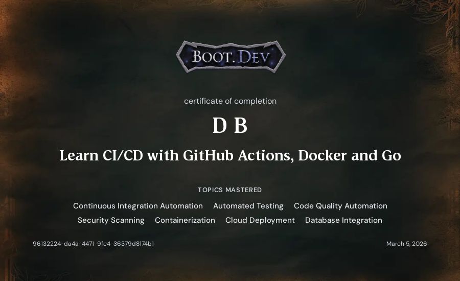 D B's Boot.dev Learn CI/CD with GitHub Actions, Docker and Go certificate