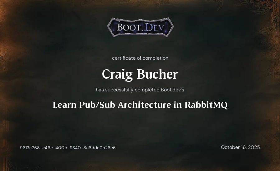 Craig Bucher's Boot.dev Learn Pub/Sub in RabbitMQ and Go certificate