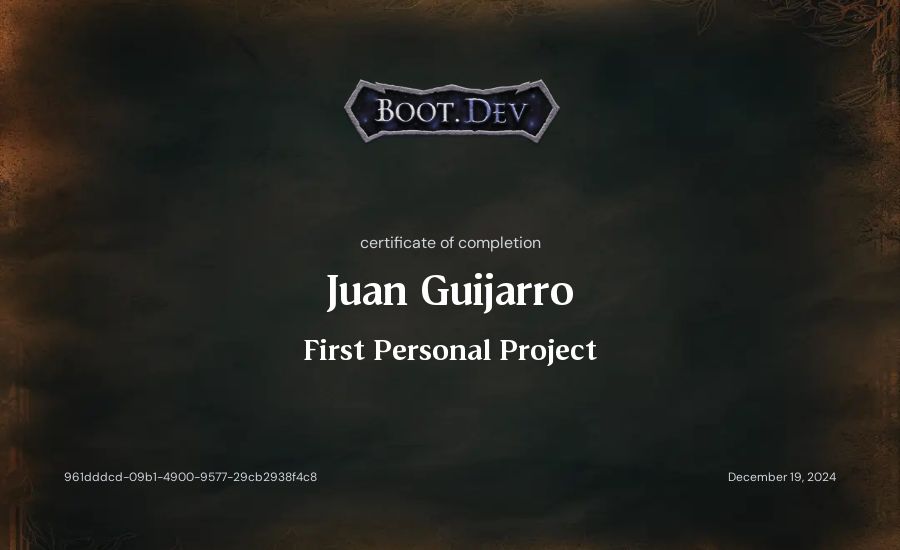 Juan Guijarro's Boot.dev First Personal Project certificate