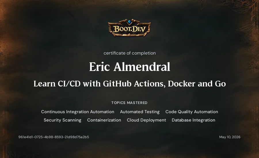 Eric Almendral's Boot.dev Learn CI/CD with GitHub Actions, Docker and Go certificate