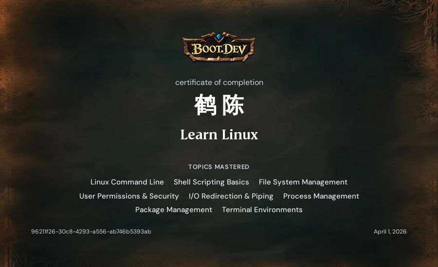 鹤 陈's Boot.dev Learn Linux certificate