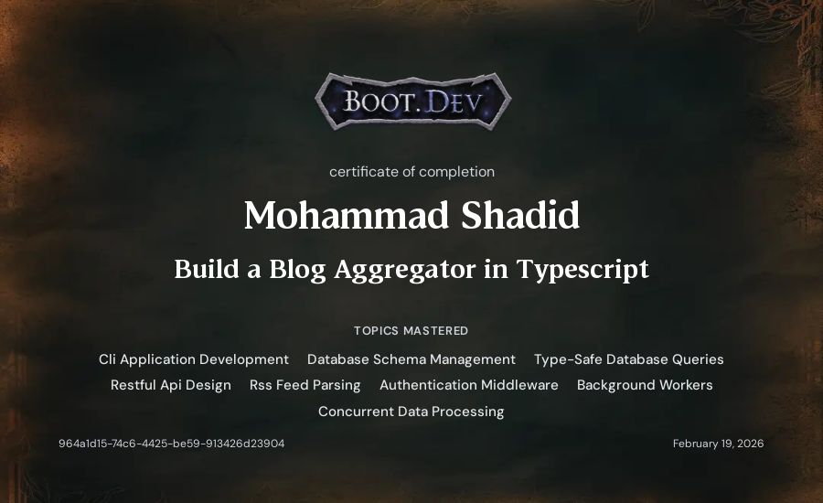 Mohammad Shadid's Boot.dev Build a Blog Aggregator in TypeScript certificate