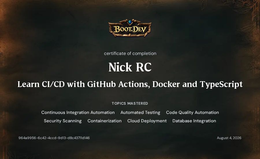 Nick RC's Boot.dev Learn CI/CD with GitHub Actions, Docker and TypeScript certificate