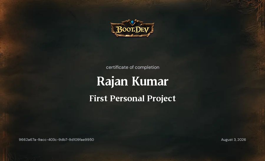 Rajan Kumar's Boot.dev First Personal Project certificate
