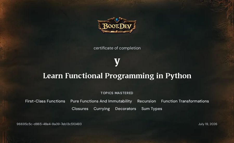 y's Boot.dev Learn Functional Programming in Python certificate