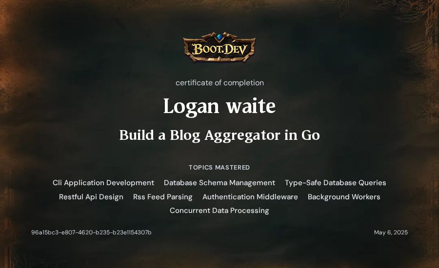 Logan waite's Boot.dev Build a Blog Aggregator in Go certificate