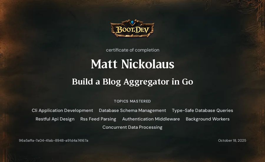 Matt Nickolaus's Boot.dev Build a Blog Aggregator in Go certificate
