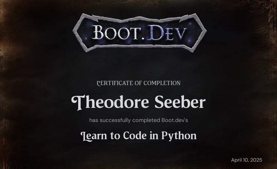 Theodore Seeber's Boot.dev Introduction to Python Course certificate