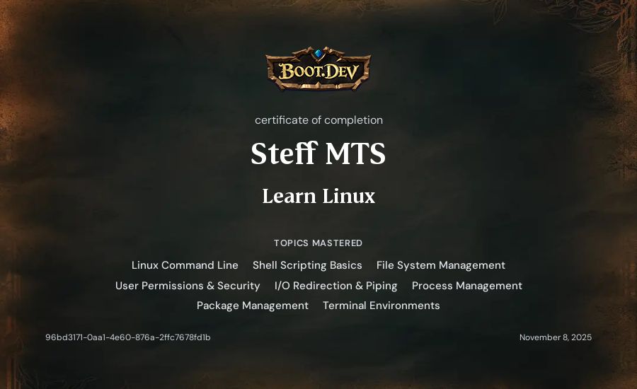 Steff MTS's Boot.dev Learn Linux certificate