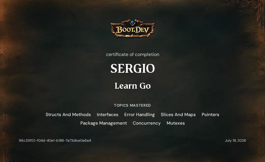 SERGIO's Boot.dev Learn Go certificate