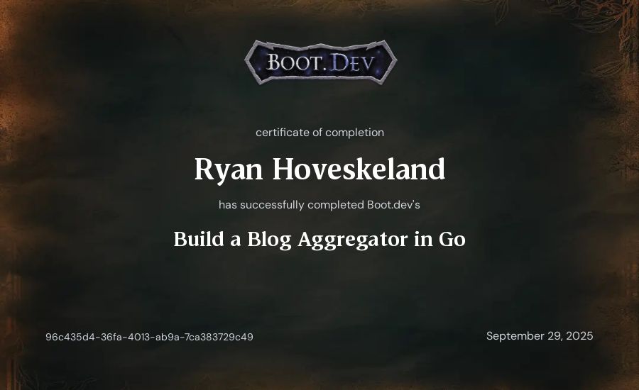Ryan Hoveskeland's Boot.dev Build a Blog Aggregator in Go certificate