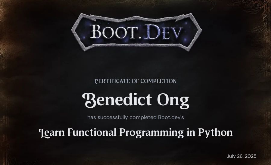 Benedict Ong's Boot.dev Learn Functional Programming in Python certificate