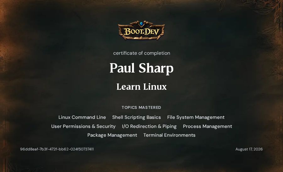 Paul Sharp's Boot.dev Learn Linux certificate