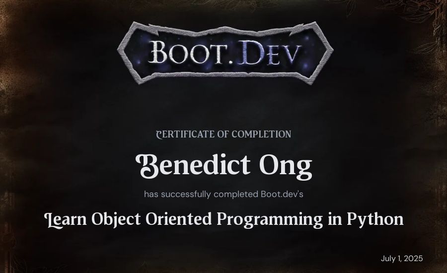 Benedict Ong's Boot.dev Learn Object Oriented Programming in Python certificate