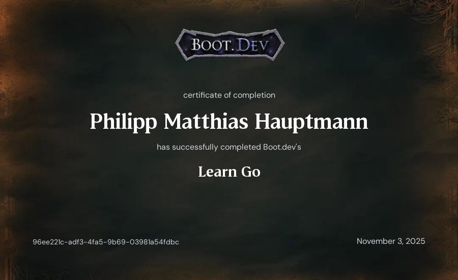 Philipp Matthias Hauptmann's Boot.dev Learn Go certificate