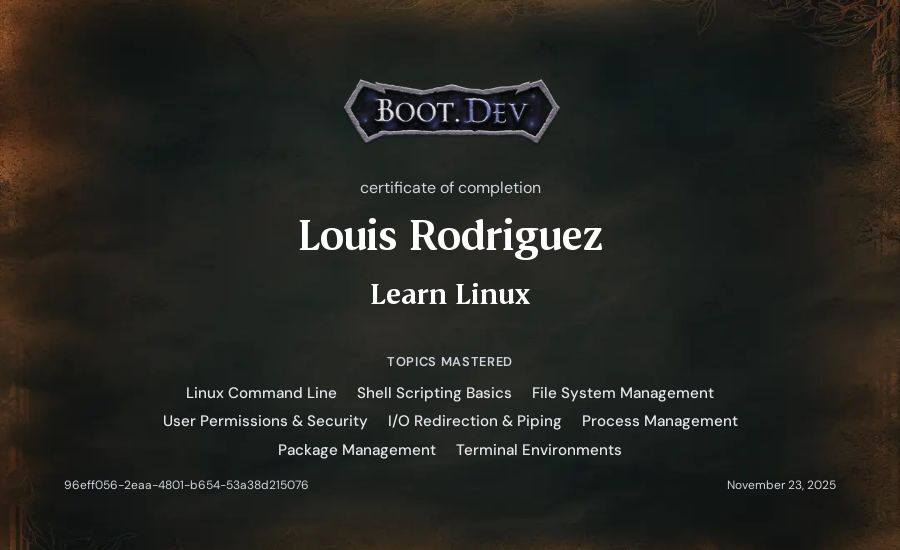 Louis Rodriguez's Boot.dev Learn Linux certificate