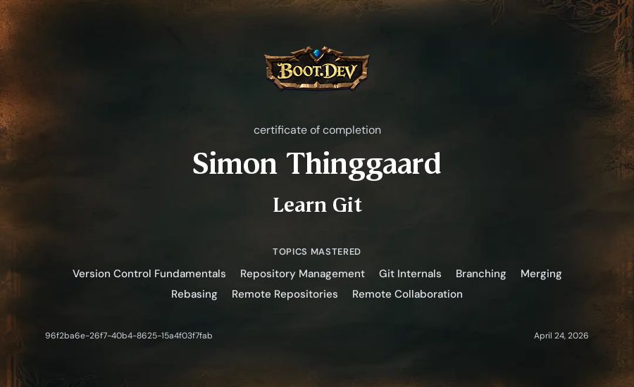 Simon Thinggaard's Boot.dev Learn Git certificate
