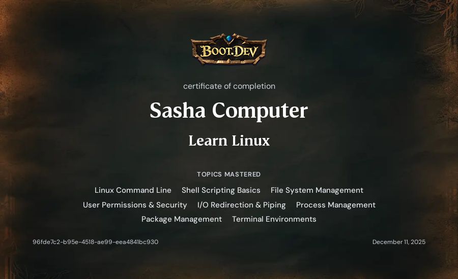Sasha Computer's Boot.dev Learn Linux certificate