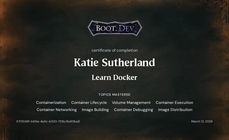 Katie Sutherland's Boot.dev Learn Docker certificate