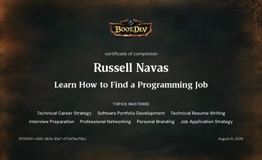 Russell Navas's Boot.dev Learn How to Find a Programming Job certificate