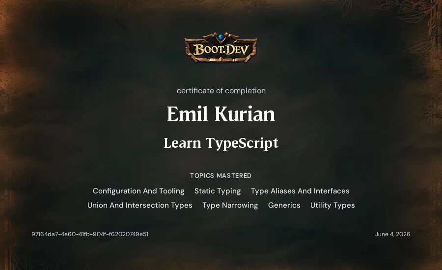 Emil Kurian's Boot.dev Learn TypeScript certificate
