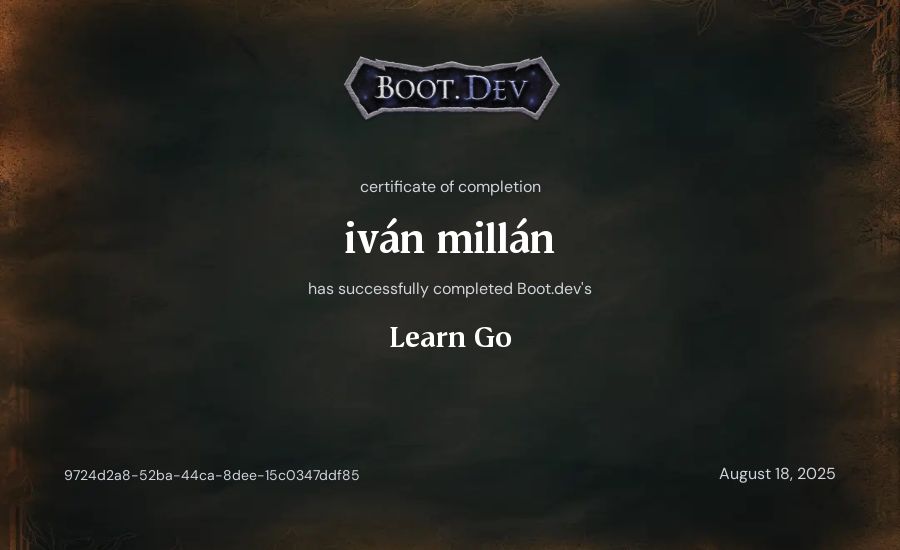 Iván Millán's Boot.dev Learn Go certificate