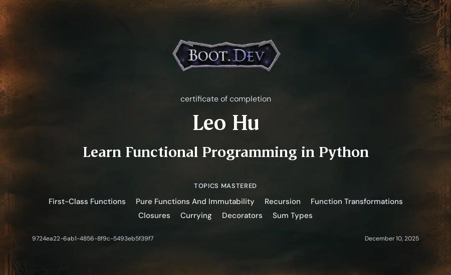 Leo Hu's Boot.dev Learn Functional Programming in Python certificate