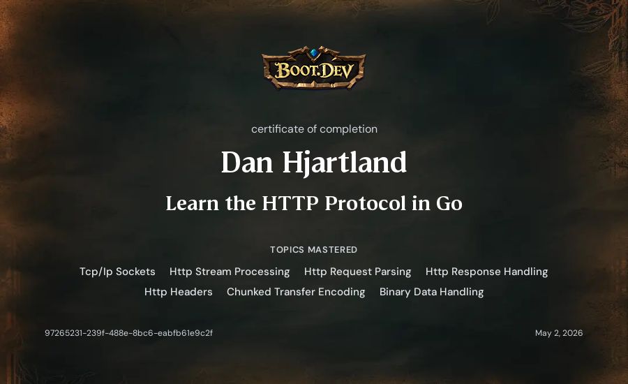 Dan Hjartland's Boot.dev Learn the HTTP Protocol in Go certificate