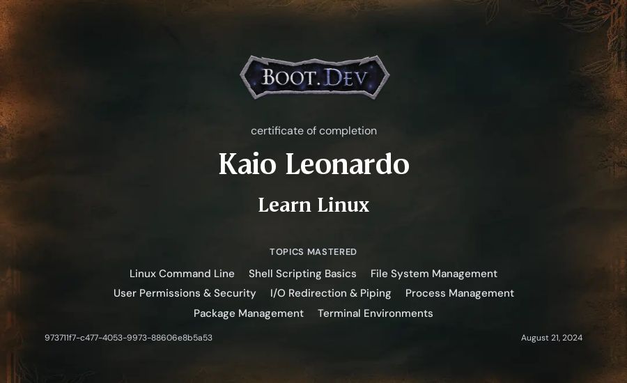 Kaio Leonardo's Boot.dev Learn Linux certificate
