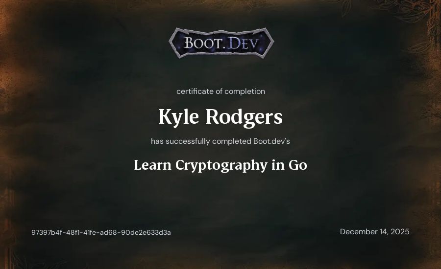 Kyle Rodgers's Boot.dev Learn Cryptography in Go certificate