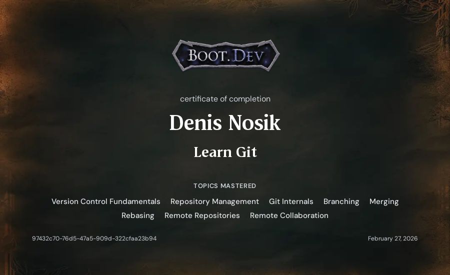 Denis Nosik's Boot.dev Learn Git certificate