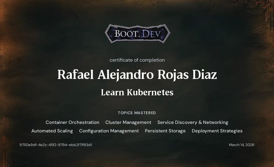 Rafael Alejandro Rojas Diaz's Boot.dev Learn Kubernetes certificate