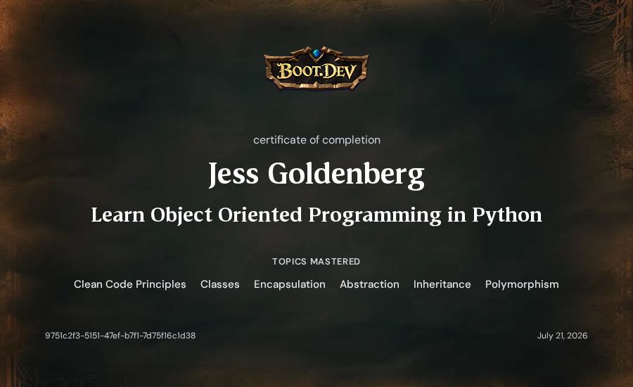 Jess Goldenberg's Boot.dev Learn Object Oriented Programming in Python certificate