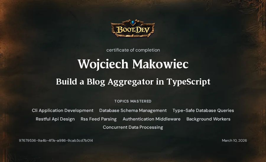 Wojciech Makowiec's Boot.dev Build a Blog Aggregator in TypeScript certificate