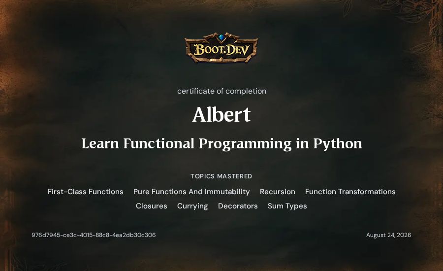 Albert's Boot.dev Learn Functional Programming in Python certificate