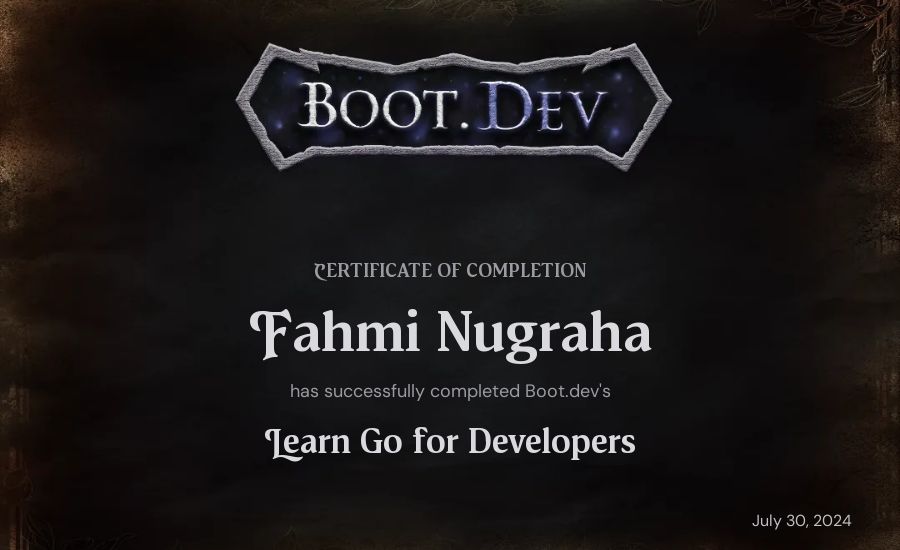 Fahmi Nugraha's Boot.dev Learn Go certificate