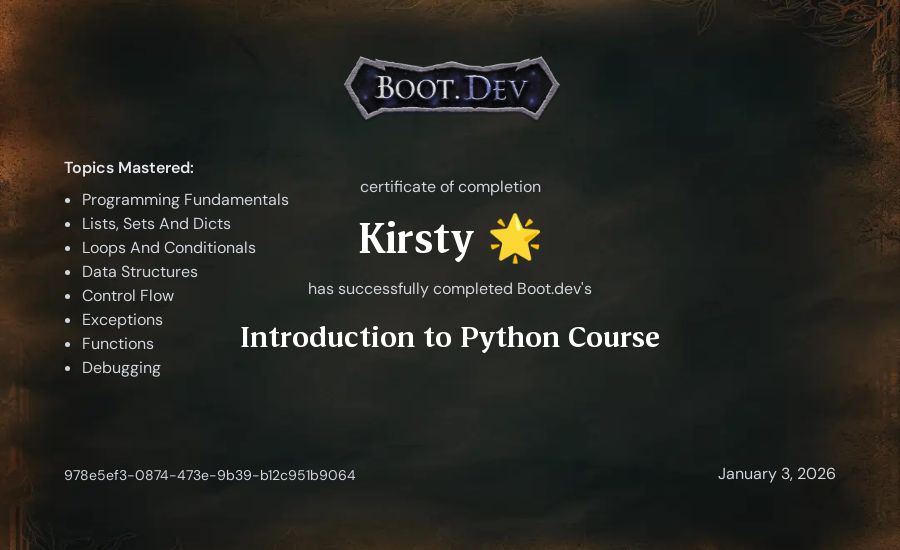 Kay C.'s Boot.dev Introduction to Python Course certificate
