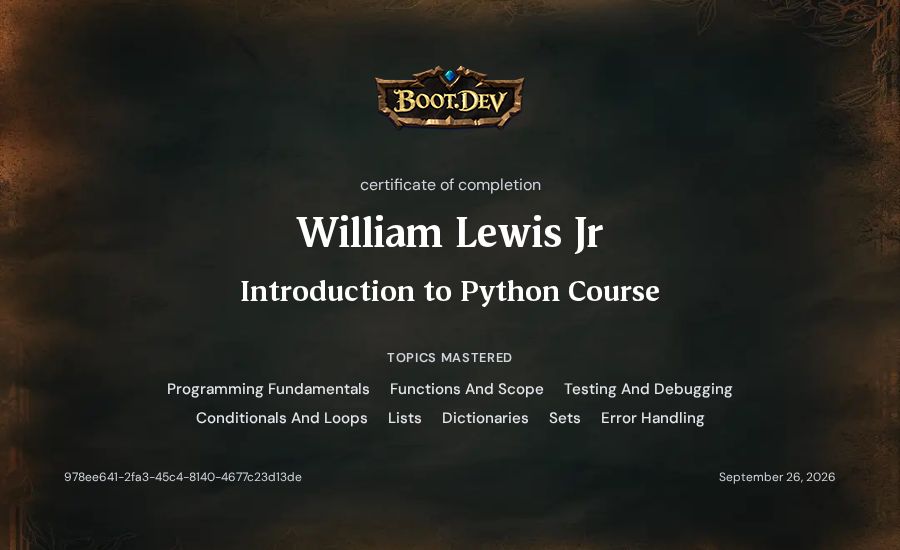 William Lewis Jr's Boot.dev Introduction to Python Course certificate